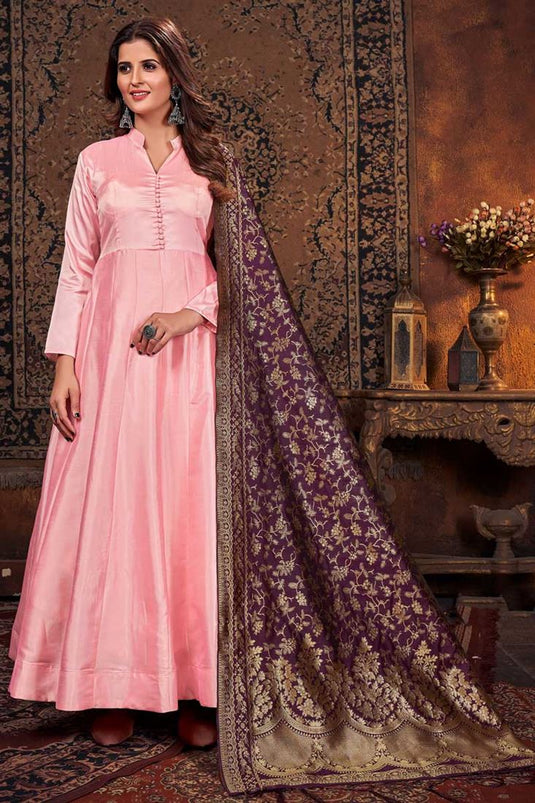 Pink Color Glittering Art Silk Fabric Anarkali Suit With Contrast Dupatta