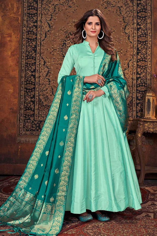 Dazzling Art Silk Fabric Sea Green Color Anarkali Suit With Contrast Dupatta