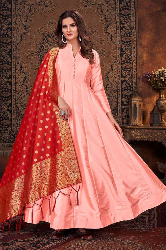 Radiant Peach Color Art Silk Fabric Anarkali Suit With Contrast Dupatta