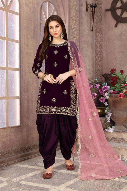 Velvet Fabric Designer Embroidered Patiala Salwar Kameez In Purple