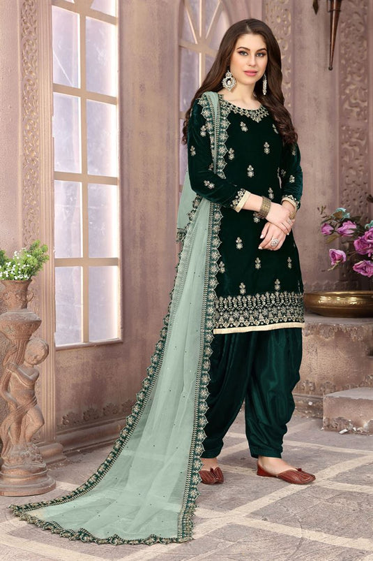 Dark Green Party Wear Patiala Salwar Suit In Velvet Fabric With Embroidery Work