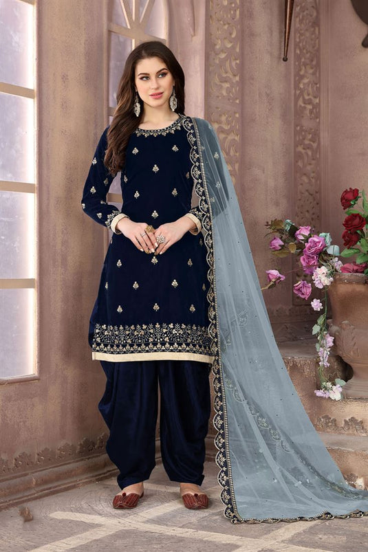 Velvet Fabric Navy Blue Function Wear Embroidered Patiala Suit