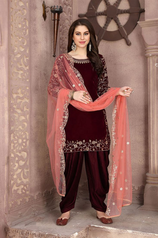 Maroon Color Sangeet Wear Embroidered Long Length Anarkali Dress In Georgette Fabric