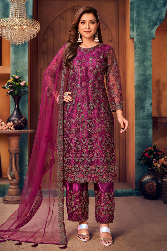 Magenta Color Festive Wear Embroidered Long Straight Cut Salwar Suit In Net Fabric