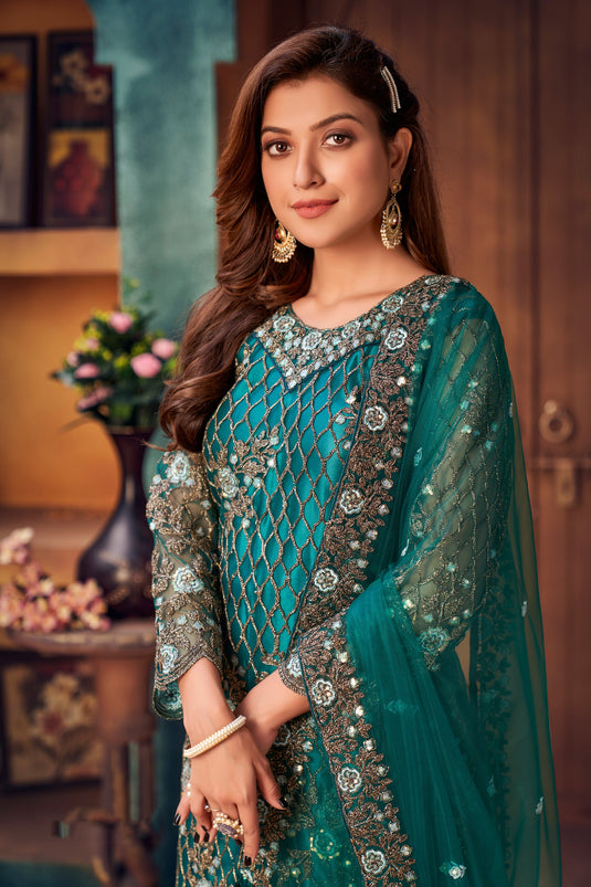 Function Wear Teal Color Embroidered Long Straight Cut Suit In Net Fabric