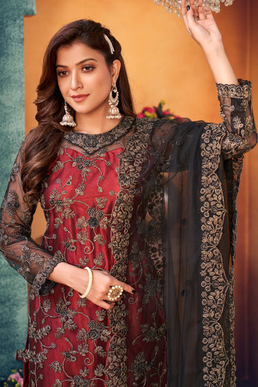 Embroidered Festive Wear Long Straight Cut Salwar Kameez In Net Fabric Maroon Color