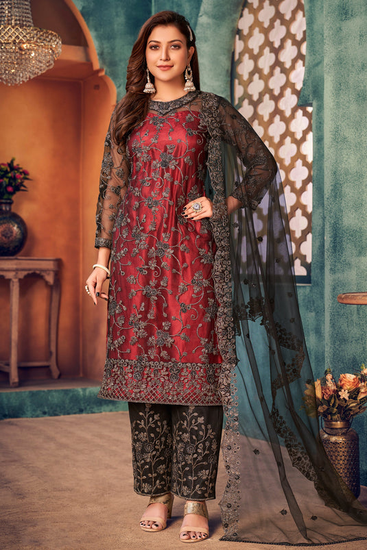 Embroidered Festive Wear Long Straight Cut Salwar Kameez In Net Fabric Maroon Color