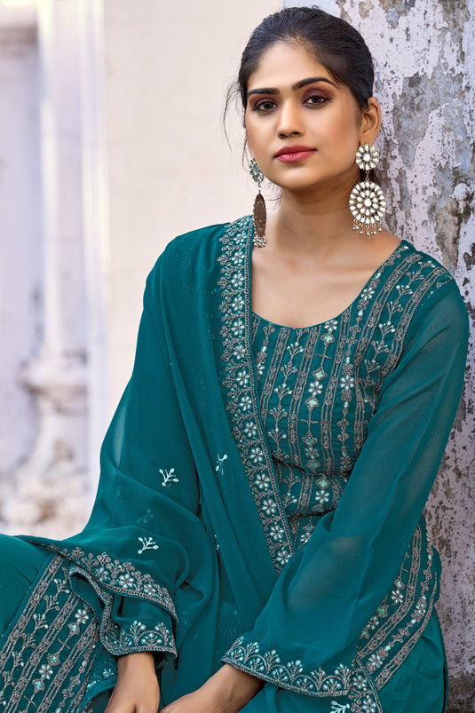 Teal Color Festive Wear Embroidered Palazzo Salwar Kameez In Art Silk Fabric