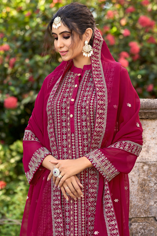 Rani Color Wedding Wear Embroidered Salwar Suit In Art Silk Fabric