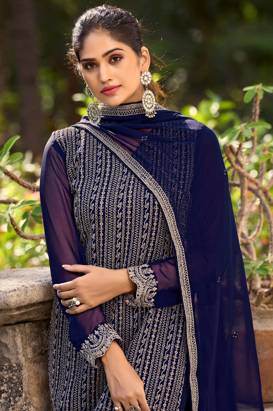 Art Silk Fabric Fancy Embroidered Function Wear Salwar Suit In Navy Blue Color