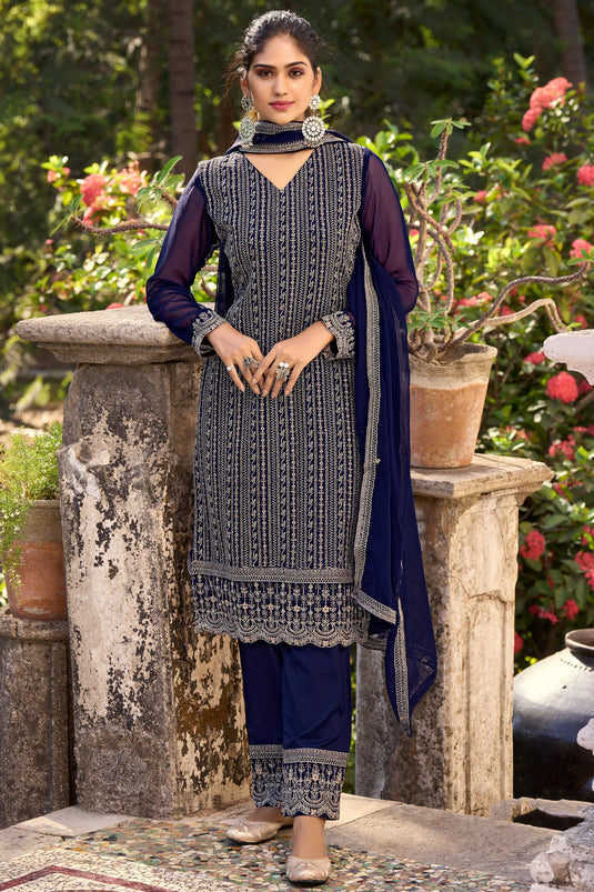 Art Silk Fabric Fancy Embroidered Function Wear Salwar Suit In Navy Blue Color