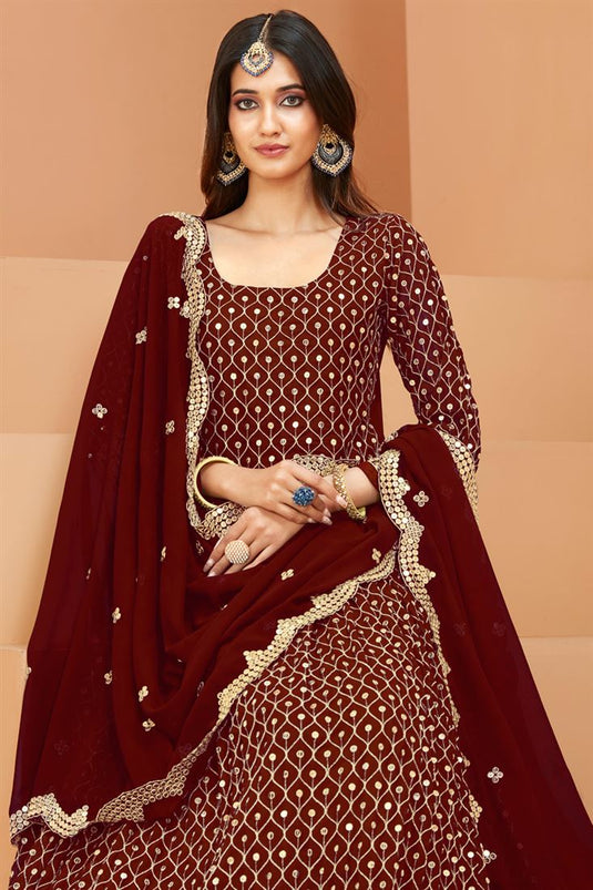 Marvellous Sequins Work Georgette Maroon Anarkali Suit