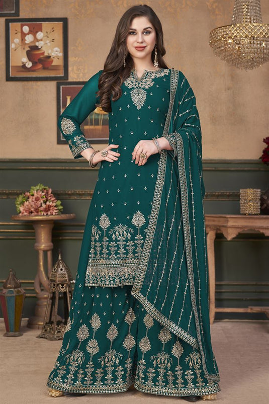 Teal Color Embroidered Work Sangeet Wear Palazzo Suit In Georgette Fabric