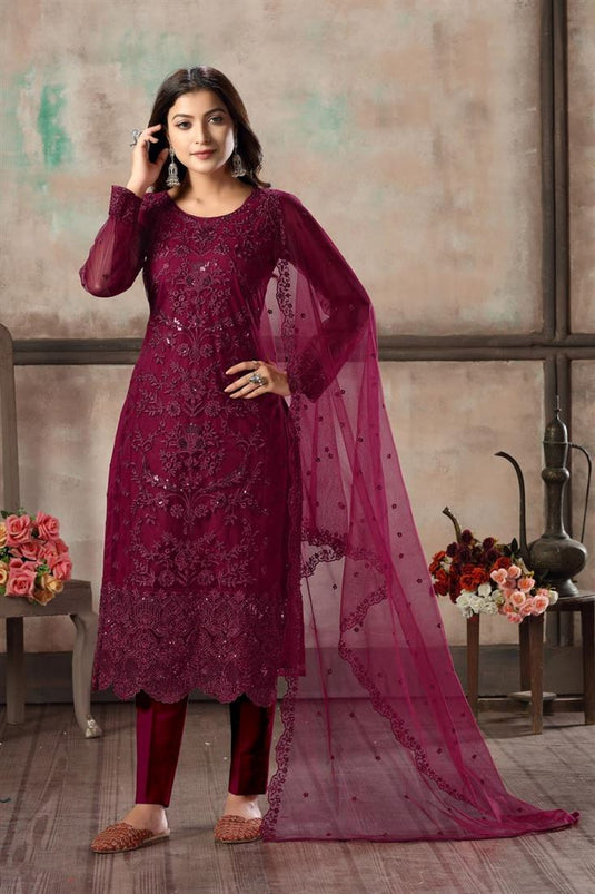 Burgundy Color Festive Wear Classy Embroidered Net Fabric Straight Cut Dress