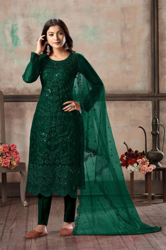 Festive Wear Dark Green Color Net Fabric Classy Embroidered Straight Cut Dress