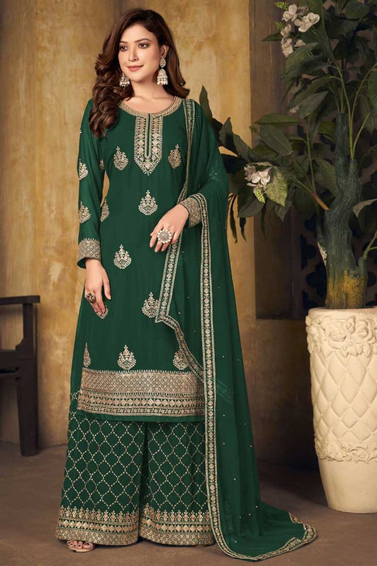 Dark Green Color Charming Georgette Fabric Function Wear Palazzo Suit With Embroidered Work