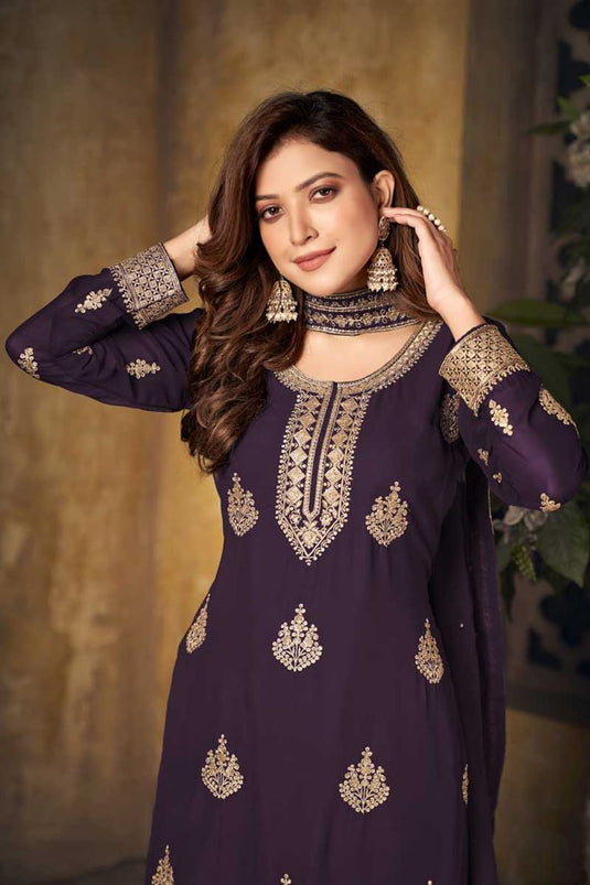 Elegant Purple Color Georgette Fabric Function Wear Palazzo Suit With Embroidered Work