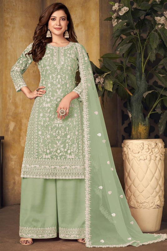 Festival Wear Imposing Embroidered Work Net Fabric Palazzo Suit In Sea Green Color