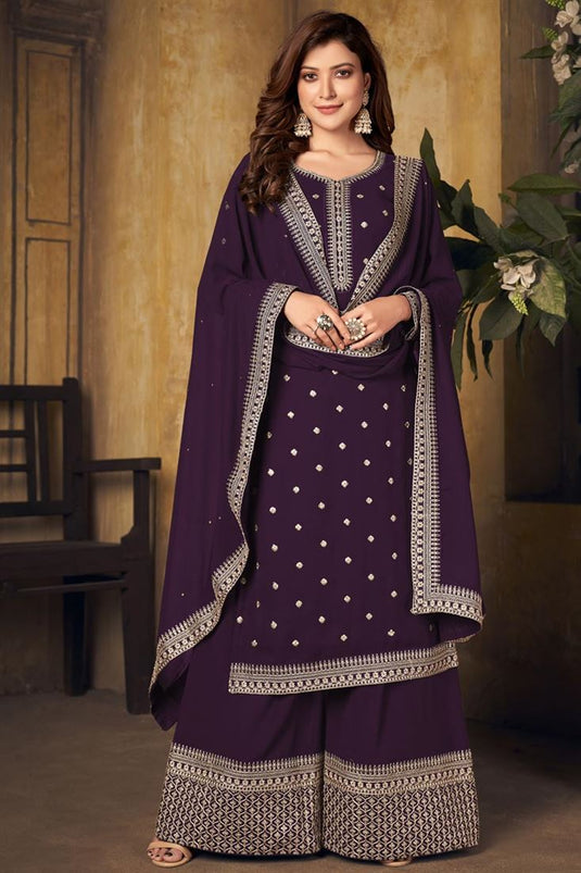 Fascinating Embroidered Work Purple Color Festival Wear Palazzo Suit In Georgette Fabric