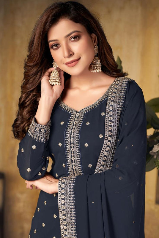 Georgette Fabric Navy Blue Color Festival Wear Sensational Embroidered Work Palazzo Suit