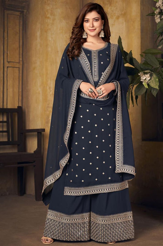 Georgette Fabric Navy Blue Color Festival Wear Sensational Embroidered Work Palazzo Suit