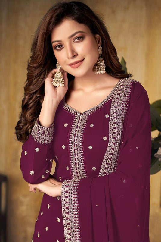 Embroidered Work Georgette Fabric Festival Wear Luxurious Palazzo Suit In Maroon Color