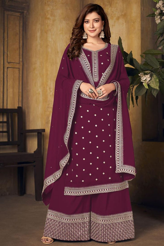 Embroidered Work Georgette Fabric Festival Wear Luxurious Palazzo Suit In Maroon Color
