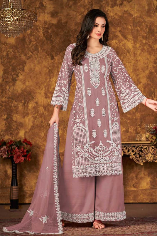 Lavender Color Net Fabric Embroidered Classic Palazzo Suit