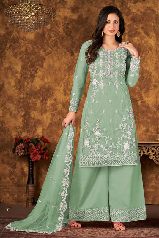 Embroidered Work Beguiling Net Fabric Palazzo Suit In Sea Green Color