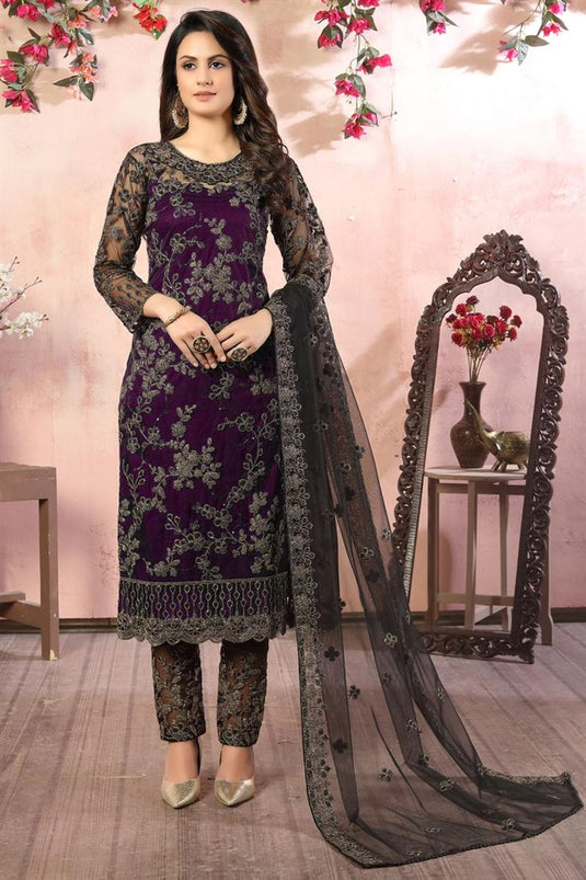 Net Fabric Function Wear Salwar Suit In Purple Color