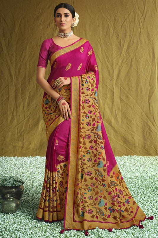 Elegant Printed Work On Brasso Fabric Rani Color Sangeet Wear Saree