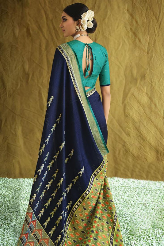 Brasso Fabric Navy Blue Color Sangeet Wear Saree With Printed Work