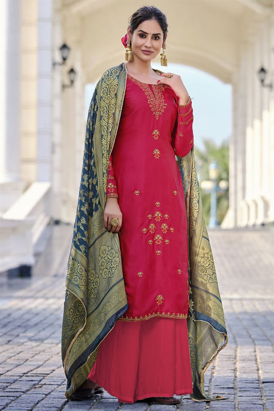 Incredible Embroidered Work Satin Georgette Fabric Red Color Palazzo Suit