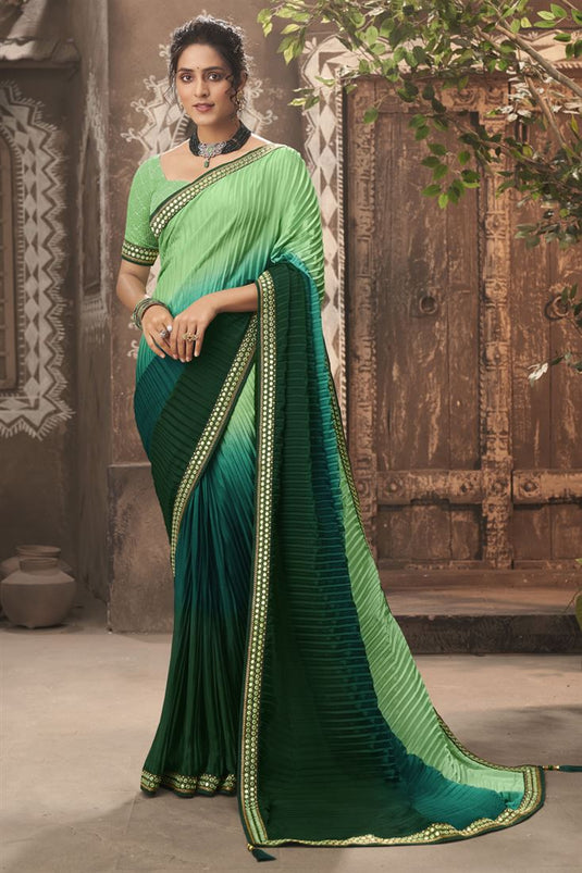 Green Color Party Wear Lace Work Chiffon Fabric Two Tone Saree
