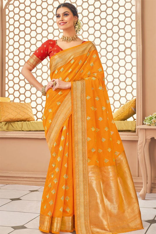 Mustard Color Banarasi Style Art Silk Fabric Pleasant Saree With Weaving Work