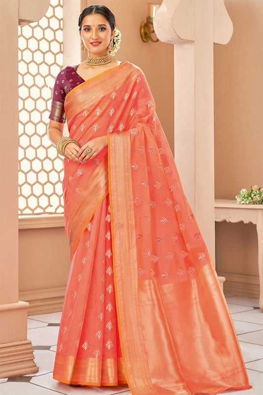 Banarasi Style Weaving Work On Function Wear Art Silk Fabric Imposing Saree In Peach Color