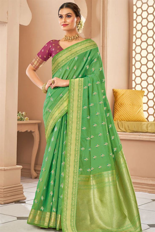 Sea Green Color Weaving Work On Banarasi Style Art Silk Fabric Function Wear Vintage Saree