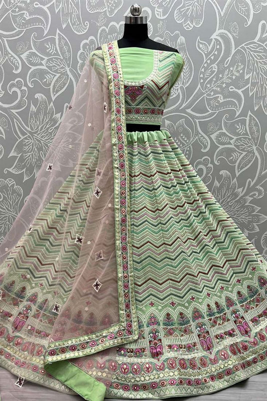 Georgette Fabric Brilliant Wedding Wear Thread Embroidered Work Lehenga With Net Dupatta In Sea Green Color