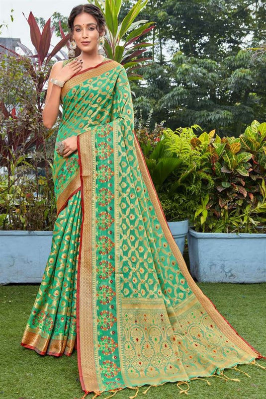 Green Color Cotton Silk Fabric Festival Wear Magnificent Weaving Work Saree
