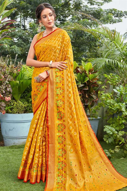 Mustard Color Festival Wear Weaving Work Aristocratic Saree In Cotton Silk Fabric