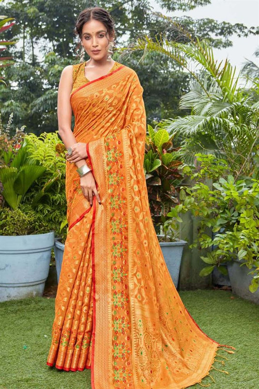 Festival Wear Cotton Silk Fabric Orange Color Weaving Work Sensational Saree