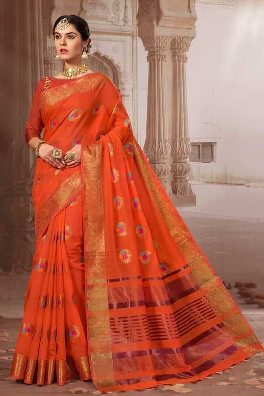 Weaving Work Cotton Fabric Orange Color Festival Wear Coveted Saree