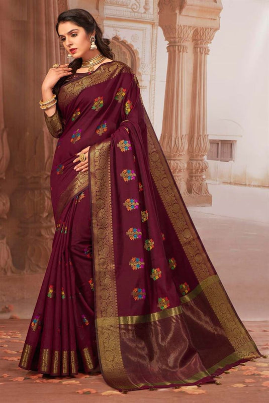 Cotton Fabric Wine Color Festival Wear Pleasance Saree With Weaving Work