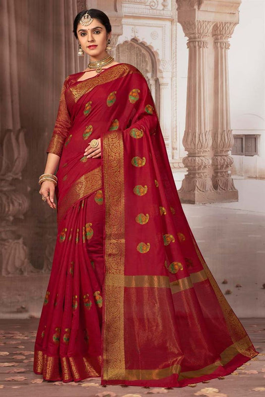 Red Color Cotton Fabric Festival Wear Beauteous Saree With Weaving Work