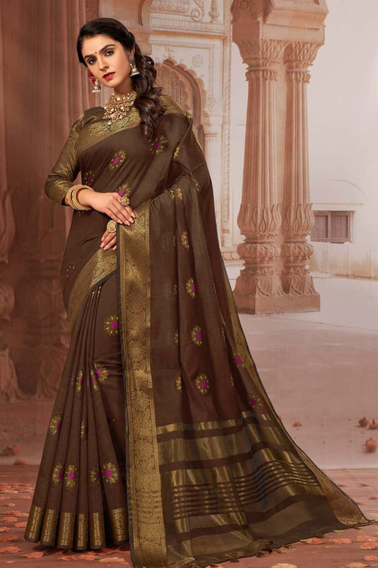 Weaving Work Festival Wear Cotton Fabric Brown Color Solid Saree