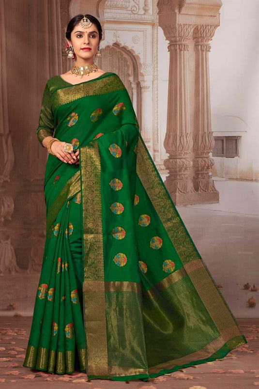 Weaving Work Dark Green Color Cotton Fabric Festival Wear Wonderful Saree