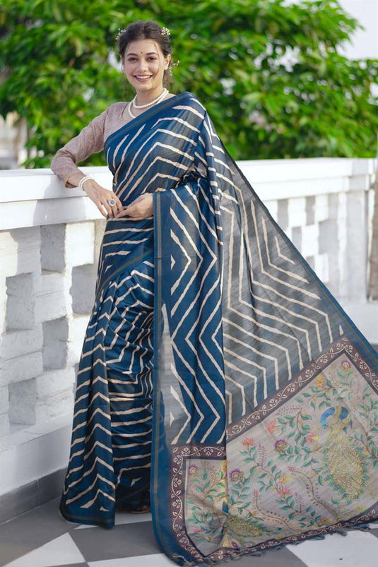 Teal Color Art Silk Fabric Divine Printed Saree In Daily Wear