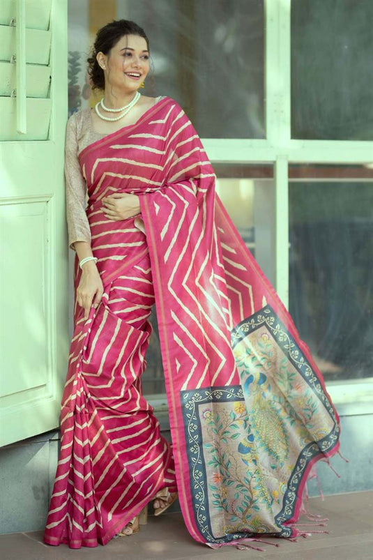 Rani Color Daily Wear Solid Printed Saree In Art Silk Fabric