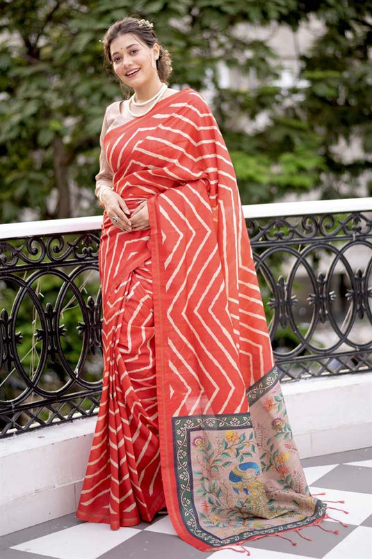 Casual Wear Art Silk Fabric Red Color Mesmeric Saree With Printed Work