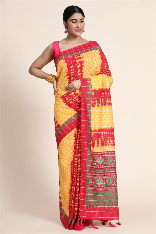 Yellow Color Digital Printed Work Daily Wear Mesmeric Saree In Organza Fabric